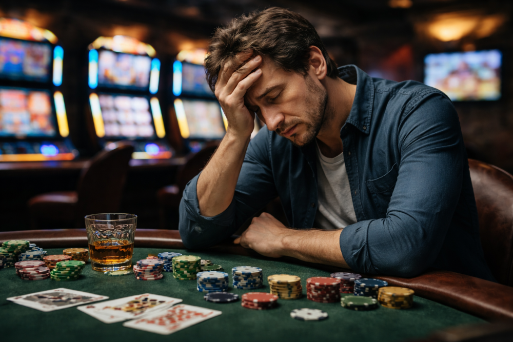 Чоловік 35-40 років сидить за гральним столом, на якому лежать карти, фішки казіно та на задньому фоні стоять ігрові автомати