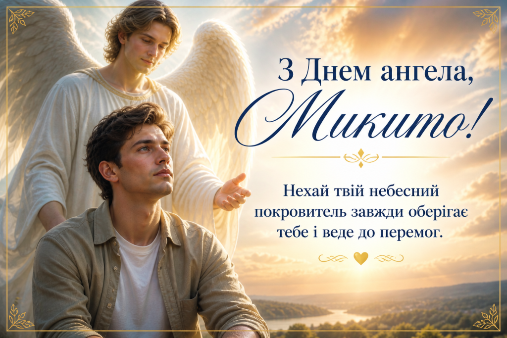 На зображенні святкова листівка, на який поздоровлення з днем ангеле Микити.